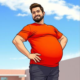 A man wearing a bright red t-shirt, standing confidently with a slight smile