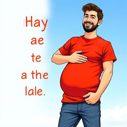 A man wearing a bright red t-shirt, standing confidently with a slight smile