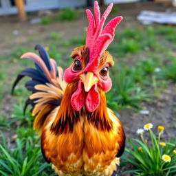 A cute rooster with a quirky expression, featuring a vibrant plumage of brown, red, black, and gold