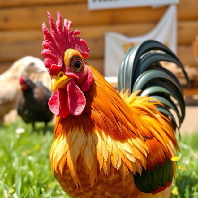 A cute rooster with a quirky expression, featuring a vibrant plumage of brown, red, black, and gold