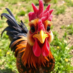 A cute rooster with a quirky expression, featuring a vibrant plumage of brown, red, black, and gold
