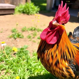 A cute rooster with a quirky expression, featuring a vibrant plumage of brown, red, black, and gold