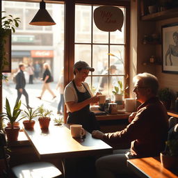 A cozy scene depicting a small, rustic coffee shop, filled with warm light