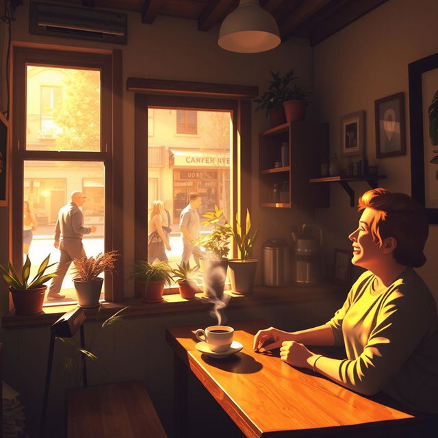 A cozy scene depicting a small, rustic coffee shop, filled with warm light