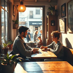 A cozy scene depicting a small, rustic coffee shop, filled with warm light