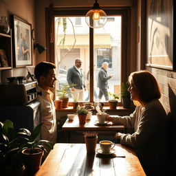 A cozy scene depicting a small, rustic coffee shop, filled with warm light