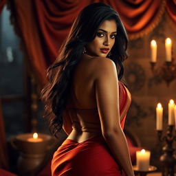 An intimate and erotic scene featuring an Indian woman with voluptuous curves, showcasing her confident and sensual nature