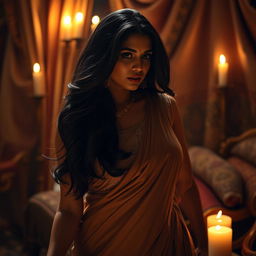 An intimate and erotic scene featuring an Indian woman with voluptuous curves, showcasing her confident and sensual nature