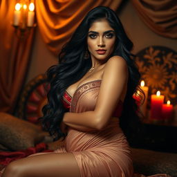 An intimate and erotic scene featuring an Indian woman with voluptuous curves, showcasing her confident and sensual nature