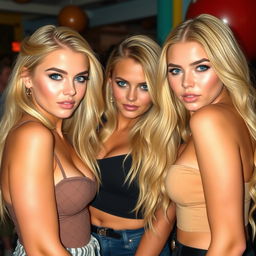 Beautiful young women aged 18, with striking blonde hair and captivating blue eyes, featuring alluring expressions that convey confidence and cheekiness