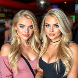 Beautiful young women aged 18, with striking blonde hair and captivating blue eyes, featuring alluring expressions that convey confidence and cheekiness