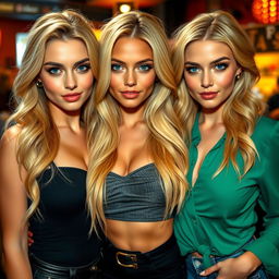 Beautiful young women aged 18, with striking blonde hair and captivating blue eyes, featuring alluring expressions that convey confidence and cheekiness