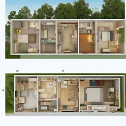 Two 30 x 50 feet sets, each featuring 2 bedrooms, a kitchen, a store room, and a combined dining-living room area, arranged neatly.