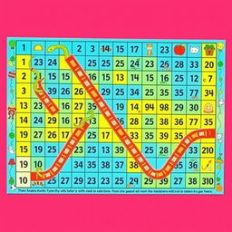 A colorful and engaging Snakes and Ladders game board designed on a large A4 sheet