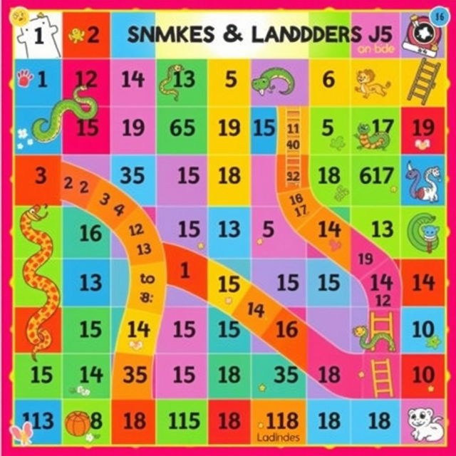 A colorful and engaging Snakes and Ladders game board designed on a large A4 sheet