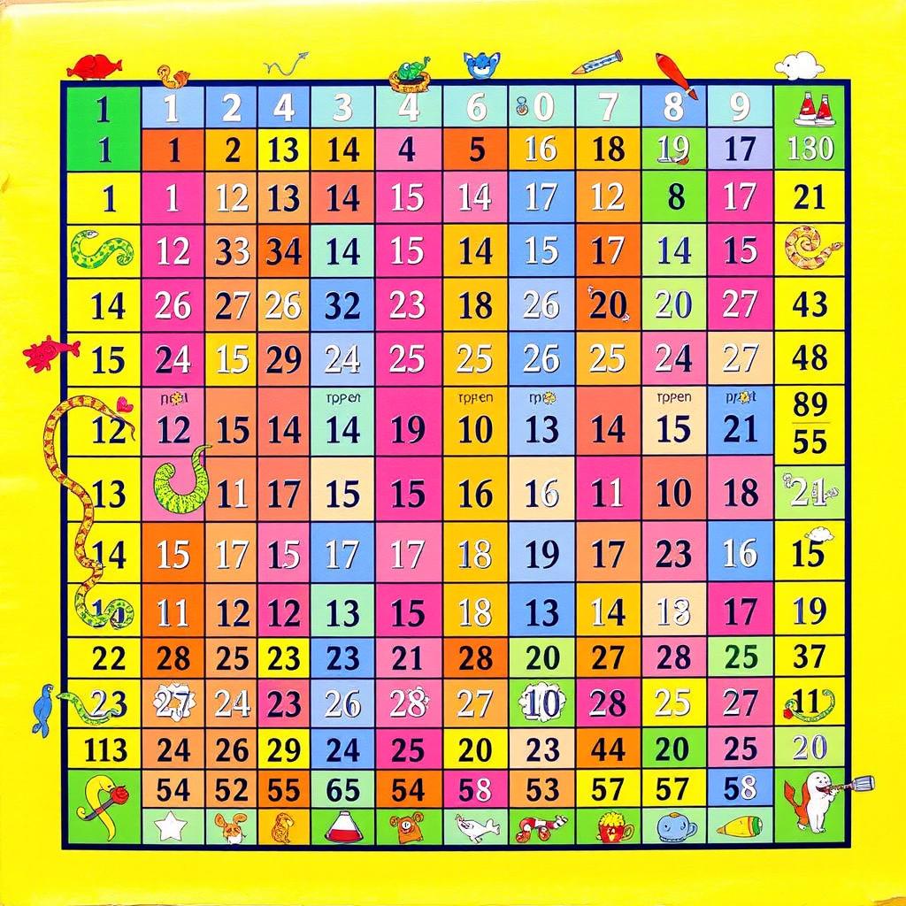 A colorful and engaging Snakes and Ladders game board designed on a large A4 sheet