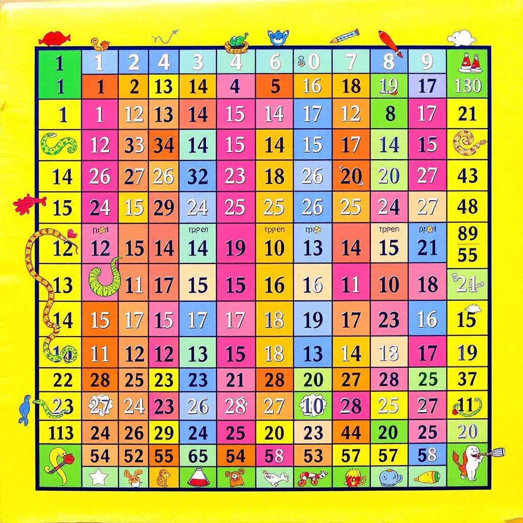 A colorful and engaging Snakes and Ladders game board designed on a large A4 sheet