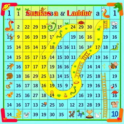A colorful and engaging Snakes and Ladders game board designed on a large A4 sheet