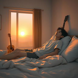 A cozy and intimate bedroom scene featuring Jungkook from BTS, reclining comfortably on a plush bed with soft bedding