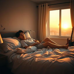 A cozy and intimate bedroom scene featuring Jungkook from BTS, reclining comfortably on a plush bed with soft bedding