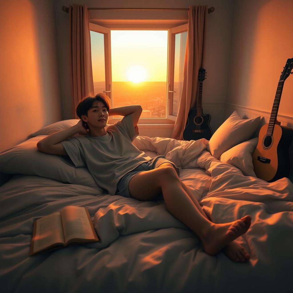A cozy and intimate bedroom scene featuring Jungkook from BTS, reclining comfortably on a plush bed with soft bedding