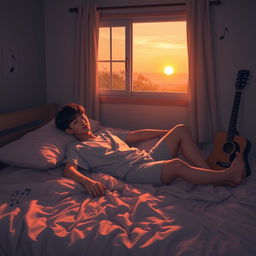 A cozy and intimate bedroom scene featuring Jungkook from BTS, reclining comfortably on a plush bed with soft bedding