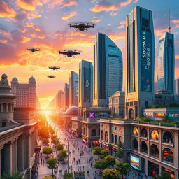 A futuristic vision of Damascus in the year 2030, showcasing a blend of traditional architecture and cutting-edge technology