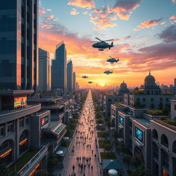 A futuristic vision of Damascus in the year 2030, showcasing a blend of traditional architecture and cutting-edge technology