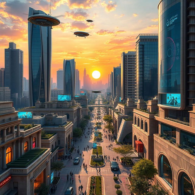 A futuristic vision of Damascus in the year 2030, showcasing a blend of traditional architecture and cutting-edge technology