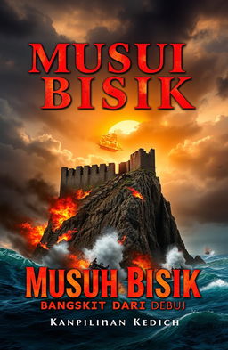 A dramatic book cover design for 'Musuh Bisik: Bangkit dari Debu', featuring a ruined fortress majestically positioned on a jagged cliff, towering above a turbulent sea