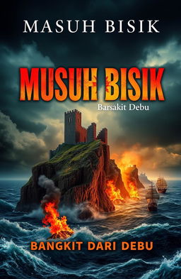 A dramatic book cover design for 'Musuh Bisik: Bangkit dari Debu', featuring a ruined fortress majestically positioned on a jagged cliff, towering above a turbulent sea