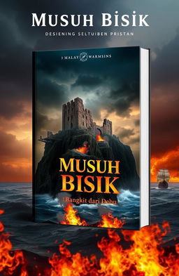 A dramatic book cover design for 'Musuh Bisik: Bangkit dari Debu', featuring a ruined fortress majestically positioned on a jagged cliff, towering above a turbulent sea