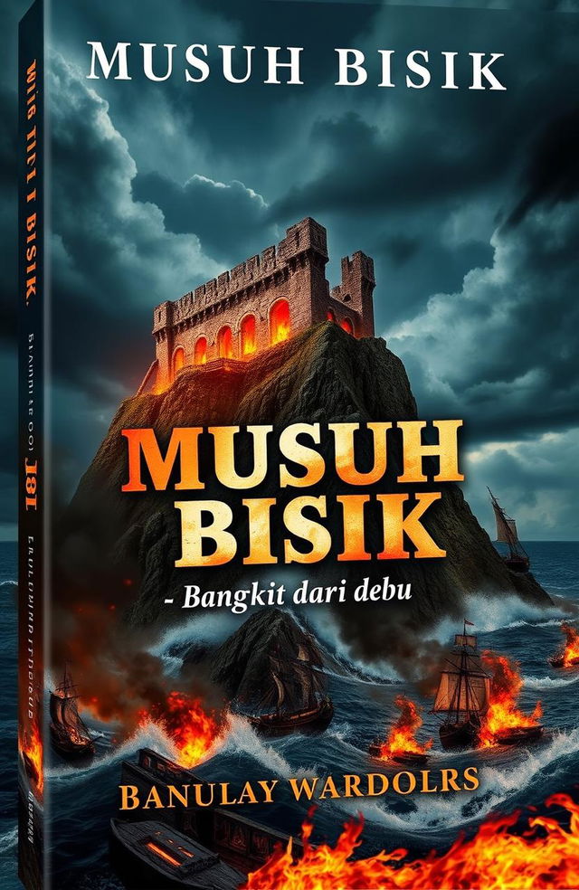 A dramatic book cover design for 'Musuh Bisik: Bangkit dari Debu', featuring a ruined fortress majestically positioned on a jagged cliff, towering above a turbulent sea