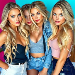 Beautiful young women aged 18, with stunning blonde hair and very pretty blue eyes, exuding playful and flirtatious expressions