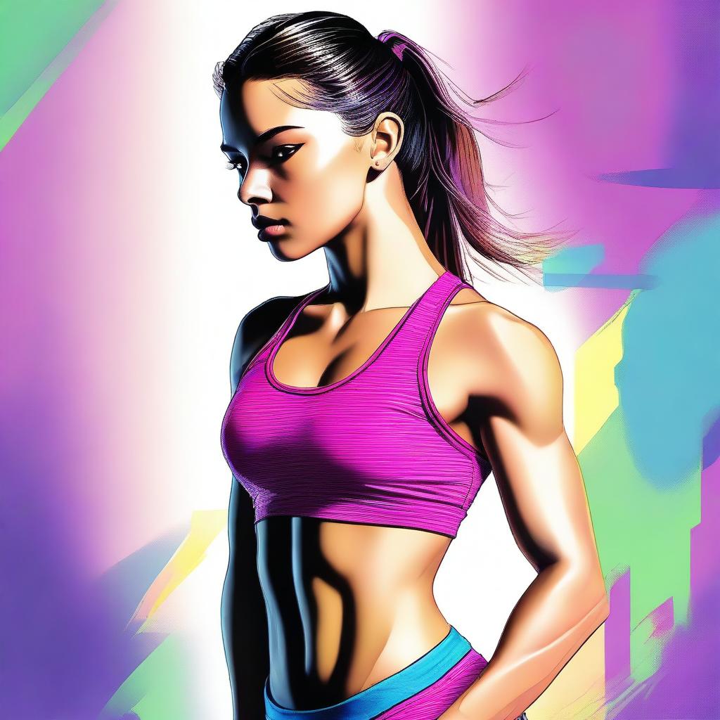 A tasteful digital art image of an 18-year-old girl in a fashionable outfit, highlighting her fitness and athleticism