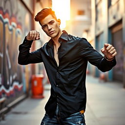 A stylish individual wearing a fitted black shirt, exuding confidence
