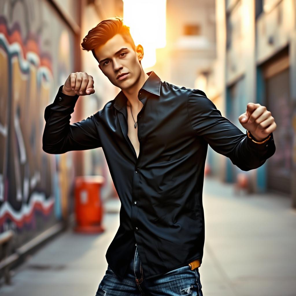 A stylish individual wearing a fitted black shirt, exuding confidence