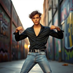 A stylish individual wearing a fitted black shirt, exuding confidence
