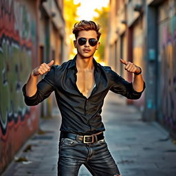 A stylish individual wearing a fitted black shirt, exuding confidence