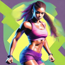 A tasteful digital art image of an 18-year-old girl in a fashionable outfit, highlighting her fitness and athleticism