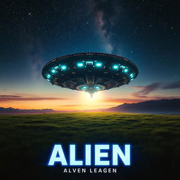 A dramatic movie poster featuring an alien spaceship landing on a lush, green field at twilight