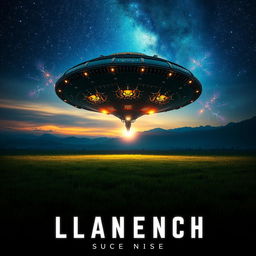 A dramatic movie poster featuring an alien spaceship landing on a lush, green field at twilight