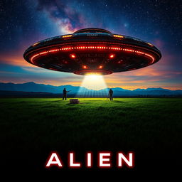 A dramatic movie poster featuring an alien spaceship landing on a lush, green field at twilight