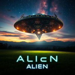 A dramatic movie poster featuring an alien spaceship landing on a lush, green field at twilight