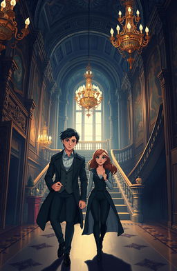 A beautifully illustrated scene depicting two people, a man and a woman, getting lost in the enchanting halls of a grand royal castle