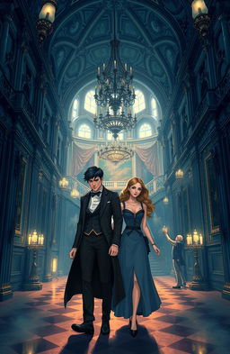 A beautifully illustrated scene depicting two people, a man and a woman, getting lost in the enchanting halls of a grand royal castle