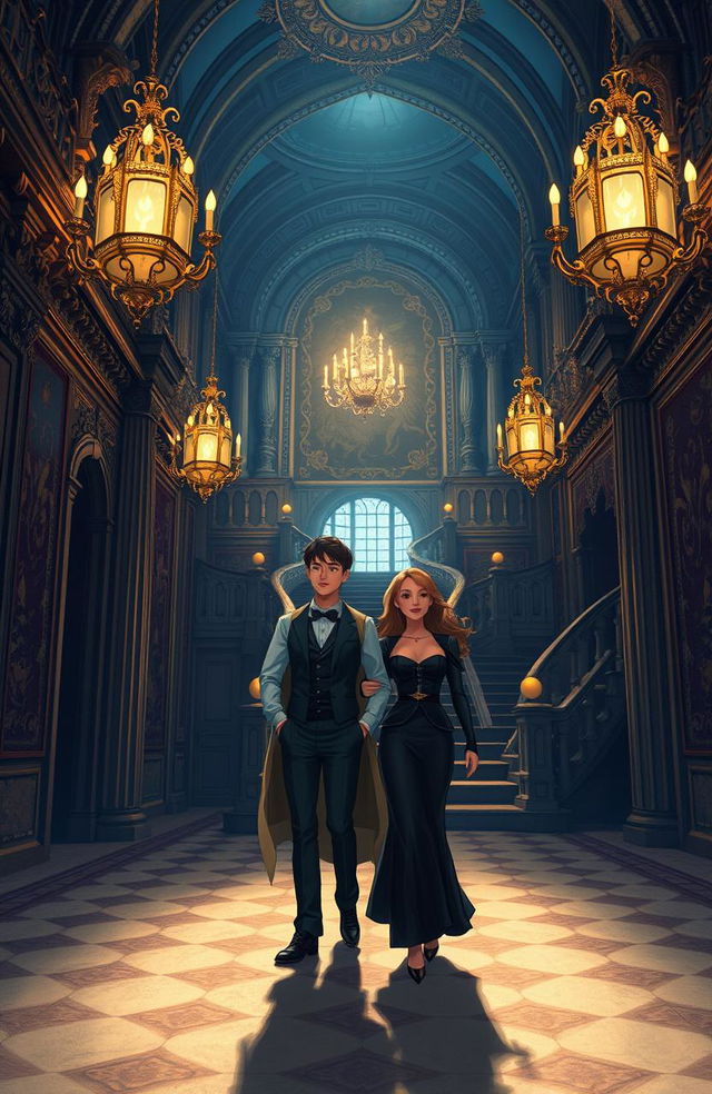 A beautifully illustrated scene depicting two people, a man and a woman, getting lost in the enchanting halls of a grand royal castle