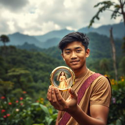 A young Javanese man holding a ring that contains a beautiful woman inside, set against a lush forest and mountainous background