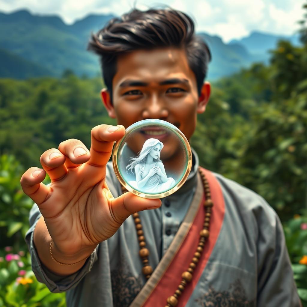 A young Javanese man holding a ring that contains a beautiful woman inside, set against a lush forest and mountainous background