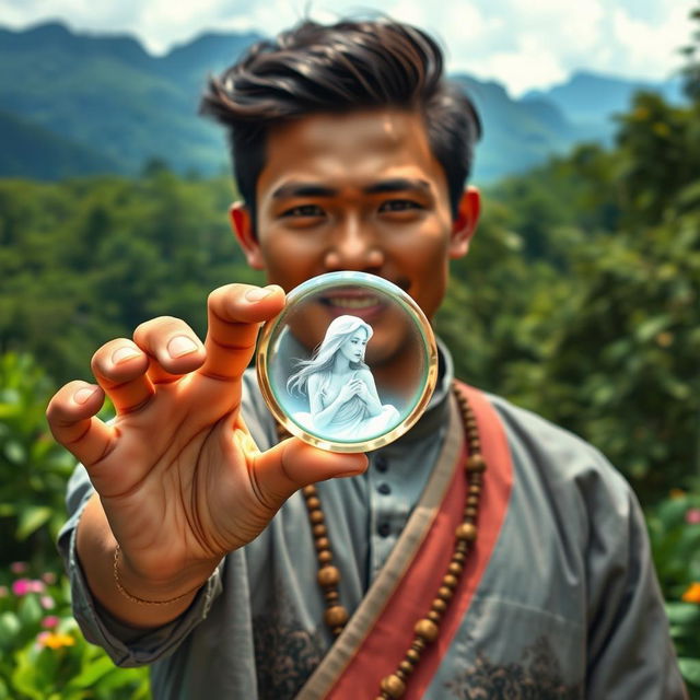 A young Javanese man holding a ring that contains a beautiful woman inside, set against a lush forest and mountainous background